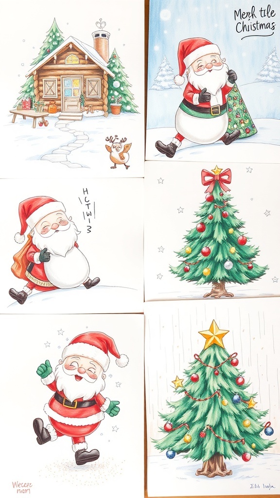 A variety of Christmas drawings including a winter cabin, Santa Claus, and a decorated Christmas tree.